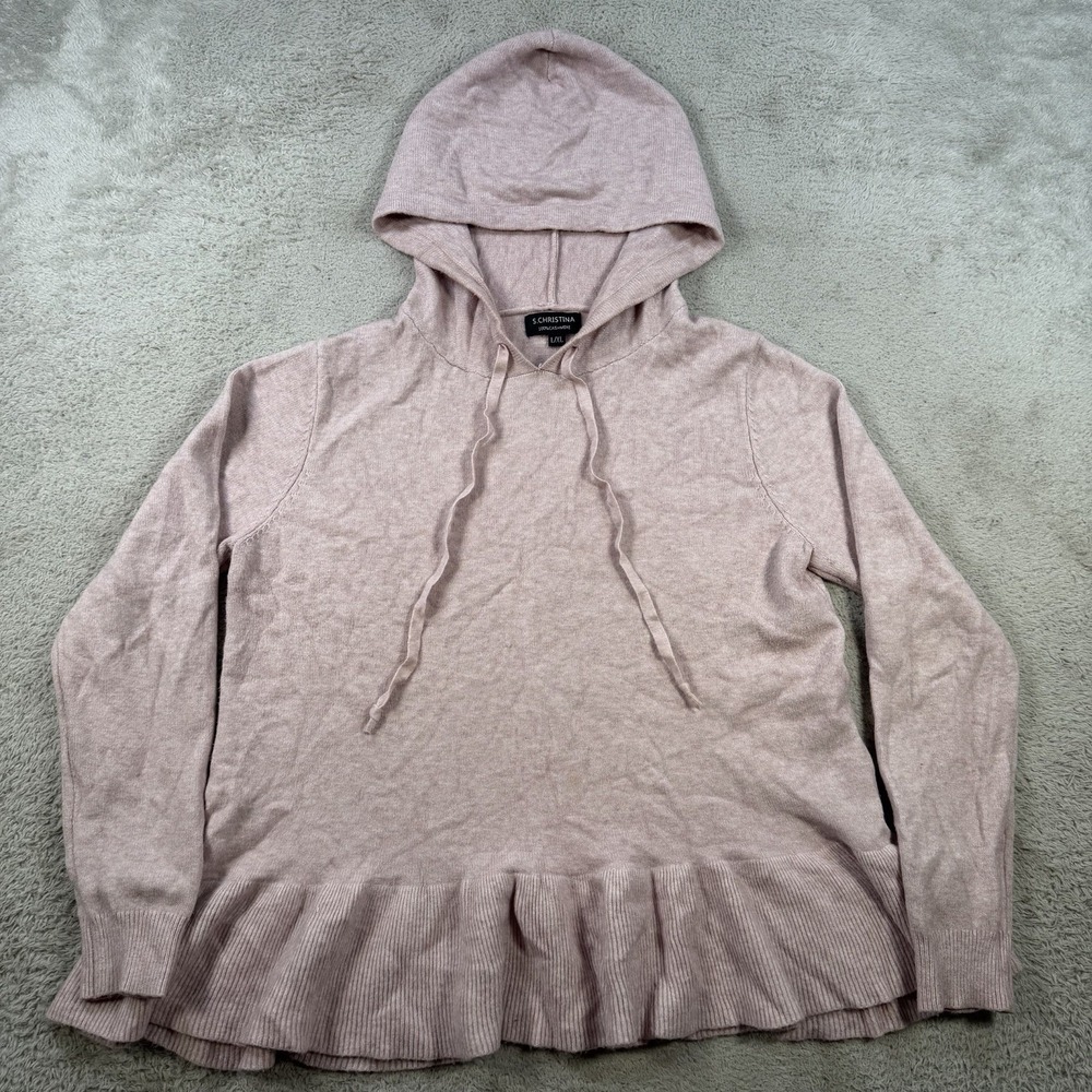 S Christina Hoodie Womens L/XL Pink 100% Cashmere Sweater Pullover Ruffle